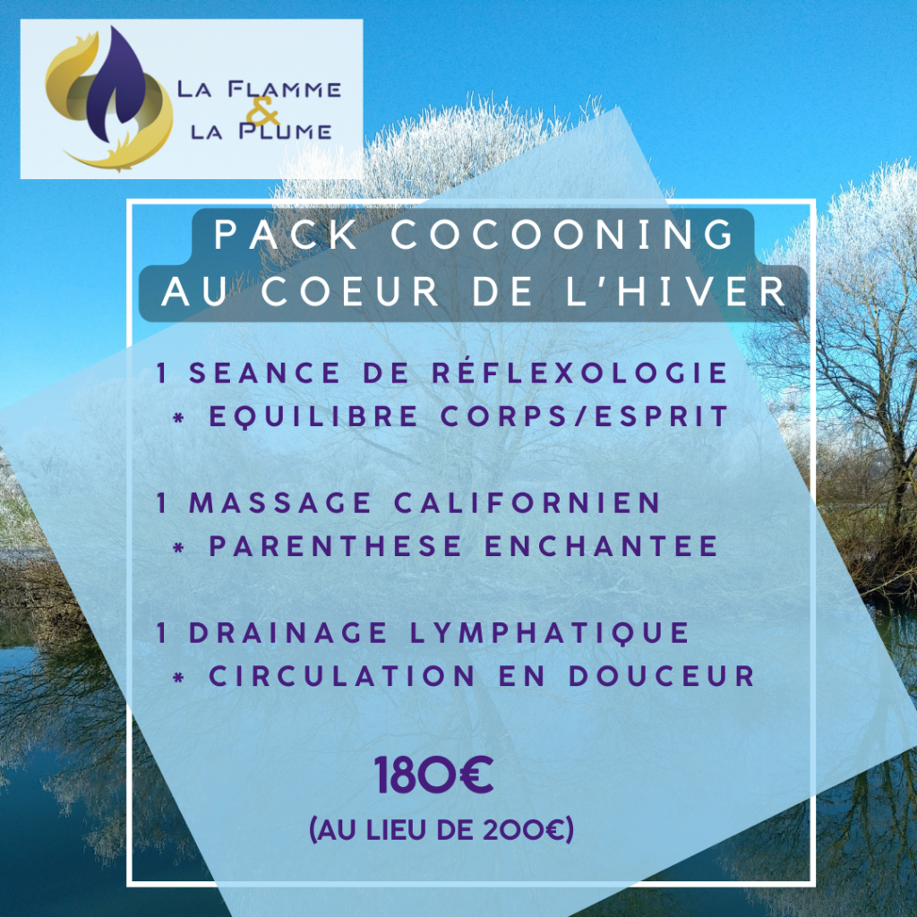 Offre Au Coeur de l'Hiver chez la Flamme et la Plume 1 séance de réflexologie pour rééquilibrer le corps et l'esprit, 1 massage californien pour une parenthèse enchantée de douceur et un drainage lymphatique pour faire circuler en douceur
